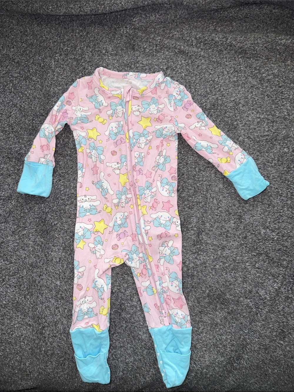 Posh Peanut Pink Bunny & Star Footed One-Piece with Blue Cuffs